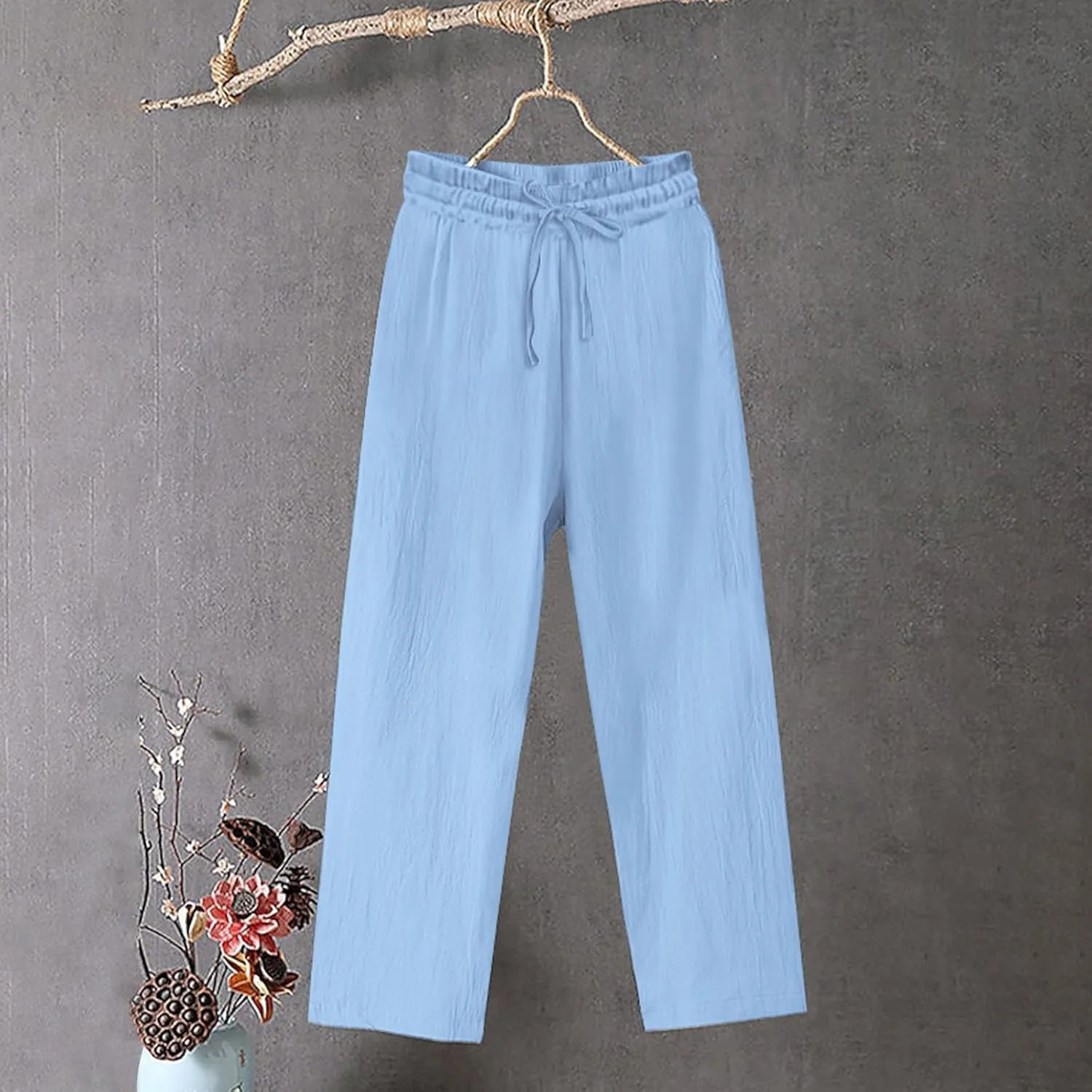 Women's Summer Cotton Linen Pants Drawstring Waist Straight Leg Loose Trousers Lightweight Comfy Boho Beach Pant