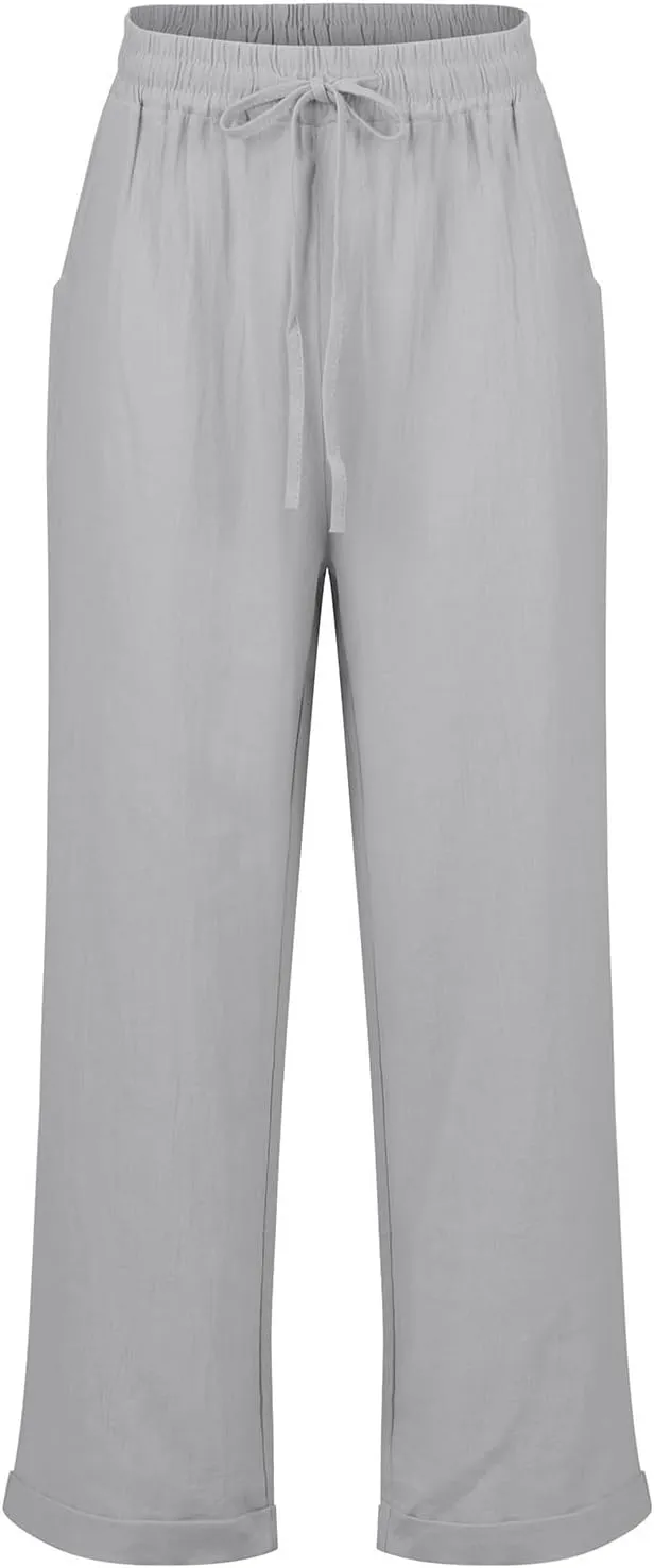 Womens Summer/Fall Casual Pants Straight Leg Drawstring Elastic High Waist Loose Comfy Palazzo Trousers with Pockets