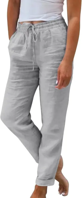 Womens Summer/Fall Casual Pants Straight Leg Drawstring Elastic High Waist Loose Comfy Palazzo Trousers with Pockets