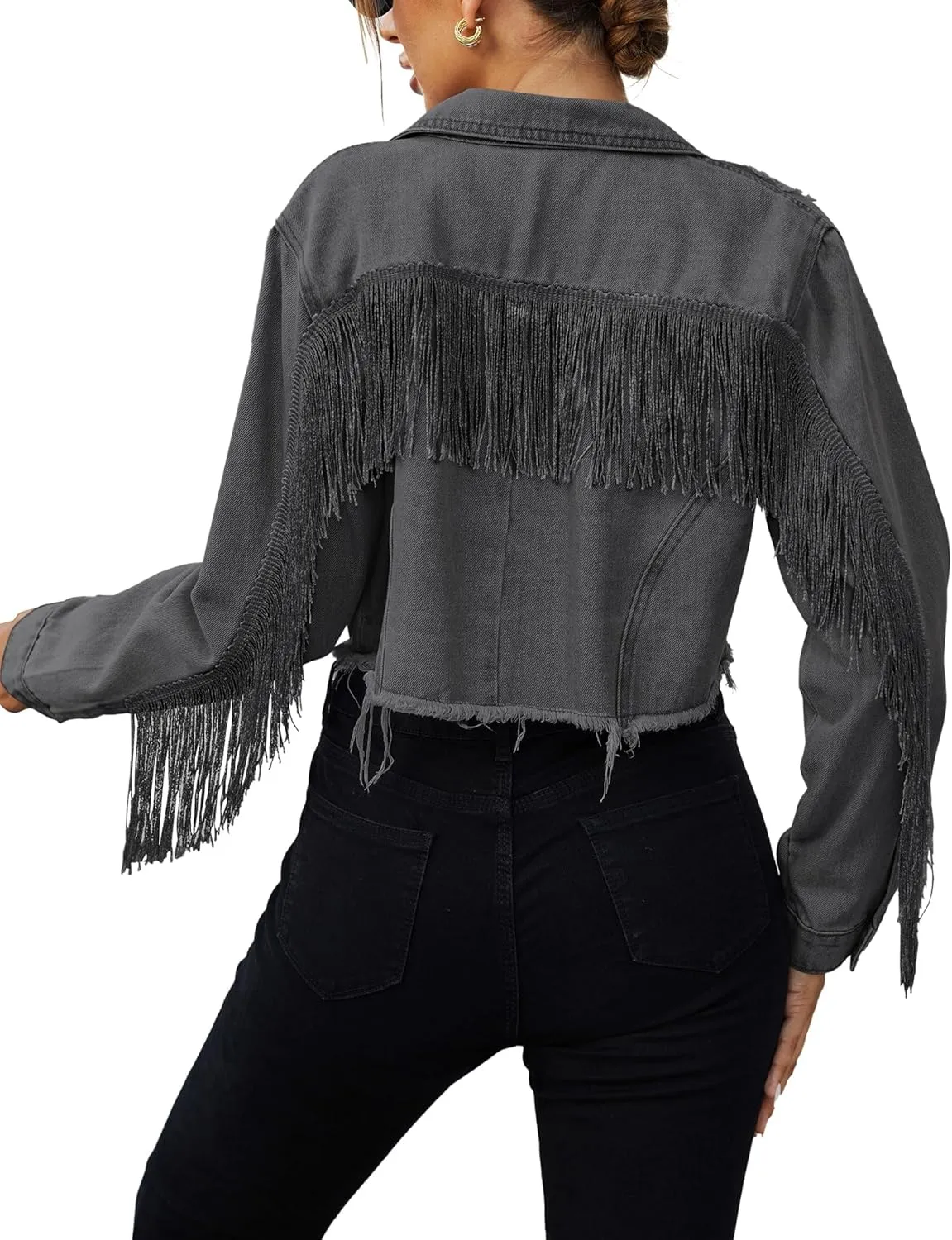 Zeagoo Women Denim Jacket Casual Long Sleeve Distressed Ripped Cropped Coat Fringe Jean Jacket XS-XXL