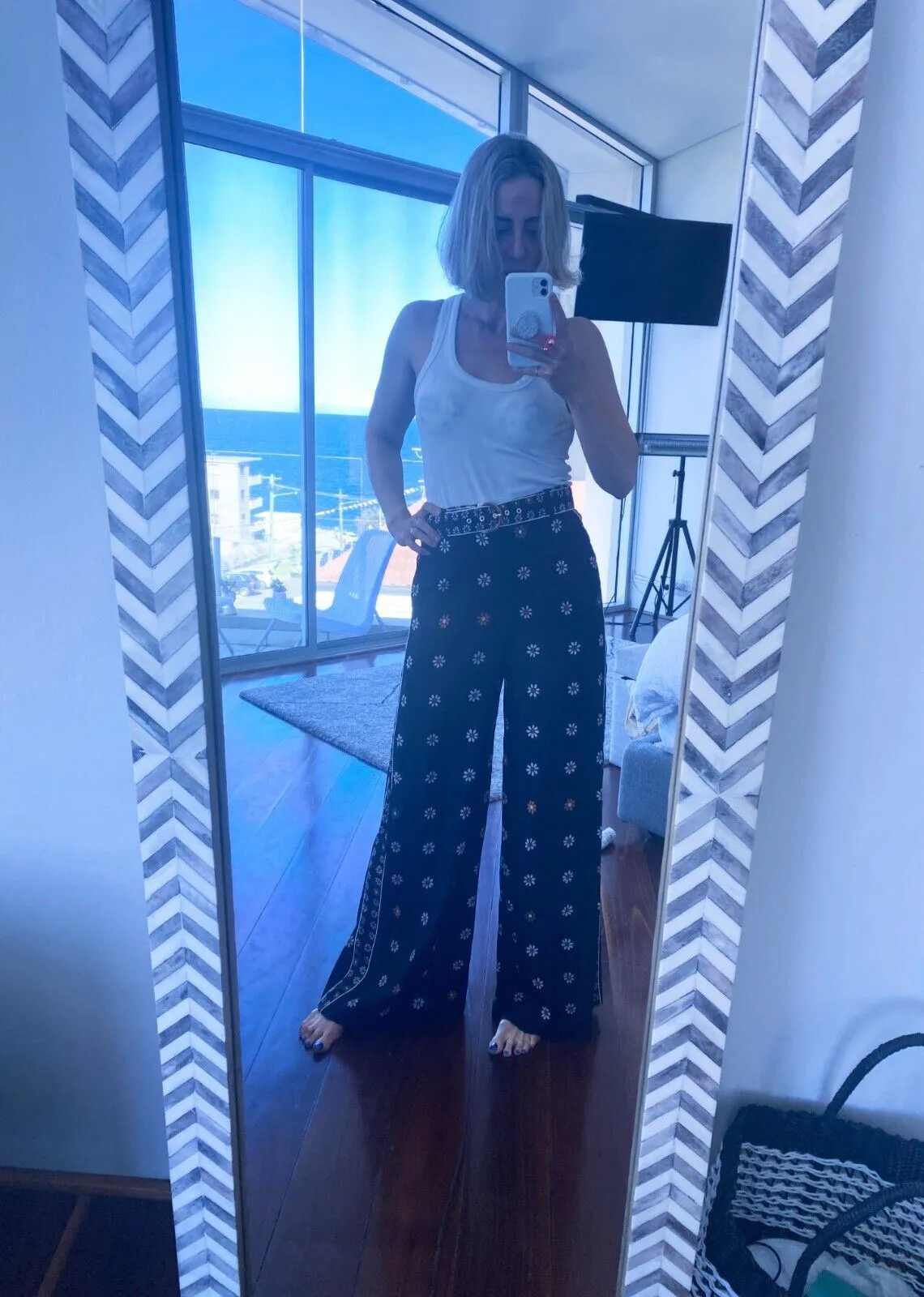 Zimmermann Wide Leg Pants | Black Daisy Print, High Waist, Wide Leg, Ratan Belt