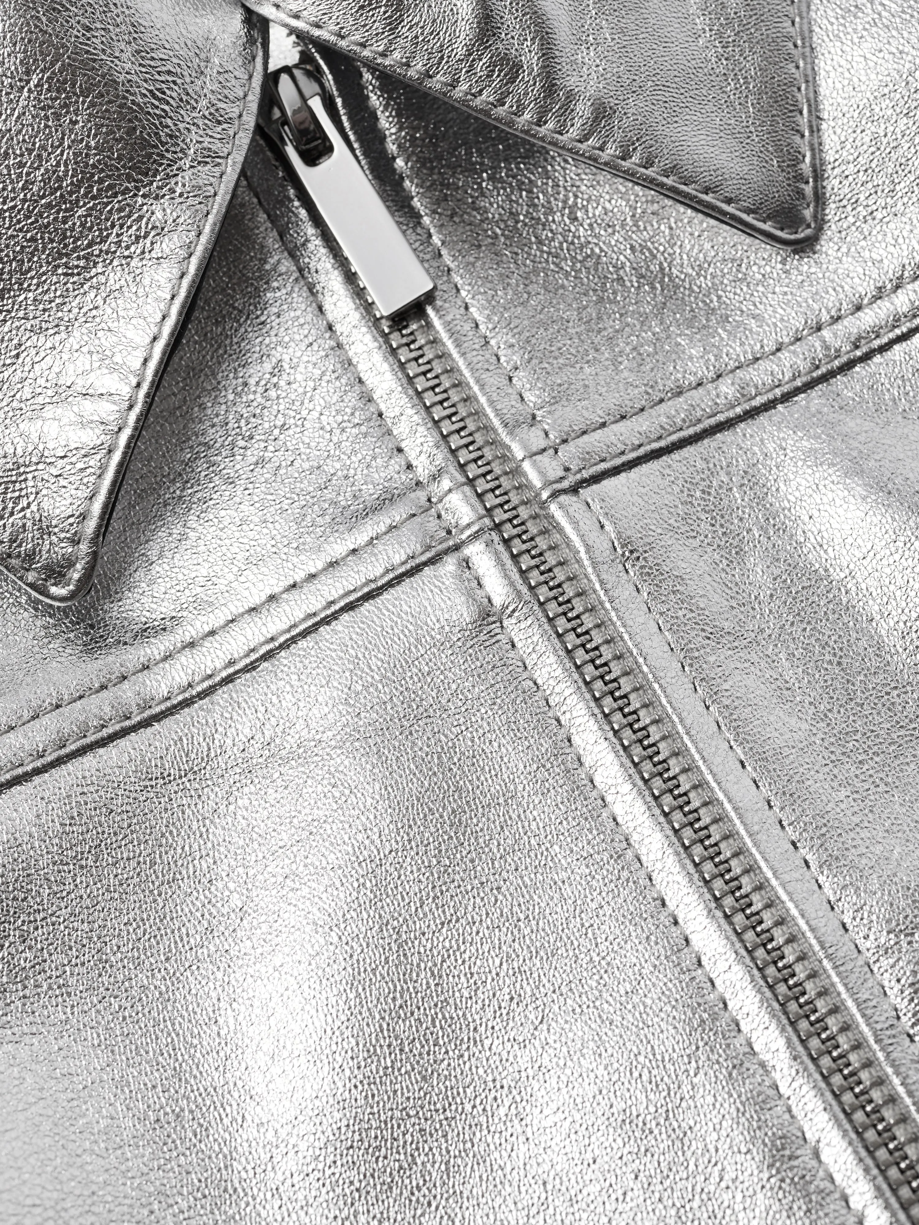 Zip Front Leather Biker Jacket | Silver